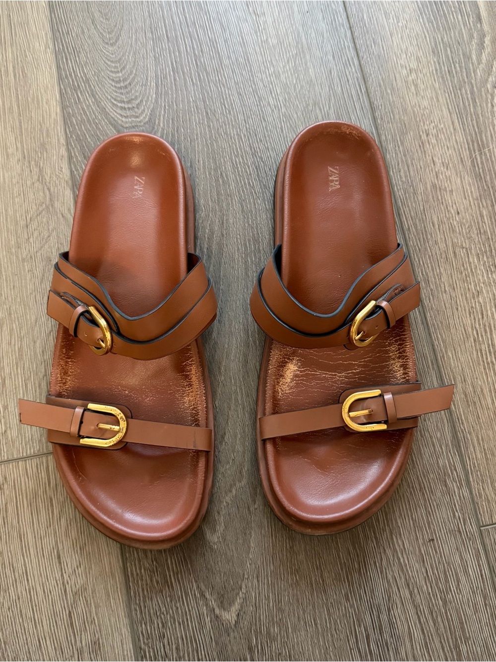 ZARA brown leather double buckle sandal 39